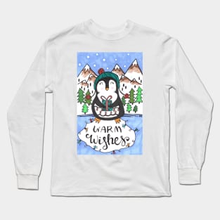 Warm Wishes Holiday Penguin Long Sleeve T-Shirt